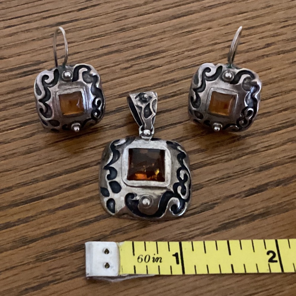 Silpada sterling silver pendant and earrings with amber stones